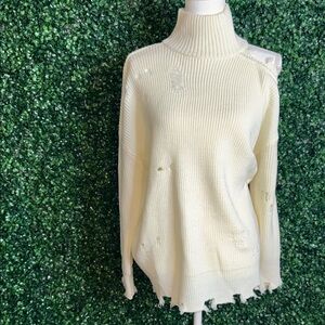 Signature Cream Distressed Turtleneck Sweater
